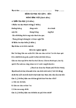 Đề thi học kì 1 lớp 1 môn Tiếng Việt sách Cánh diều - Đề 5