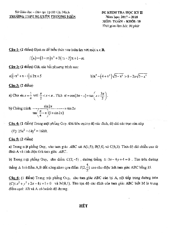 Đề kiểm tra học kỳ 2 Toán 10 năm 2017 – 2018 trường Nguyễn Thượng Hiền – TP. HCM