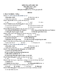 Đề thi giữa học kì 1 môn Tin học 7 năm 2023 - 2024 sách Chân trời sáng tạo - Đề 2
