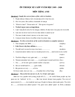 Đề thi học kì 1 lớp 9 môn Tiếng Anh năm học 2019 - 2020