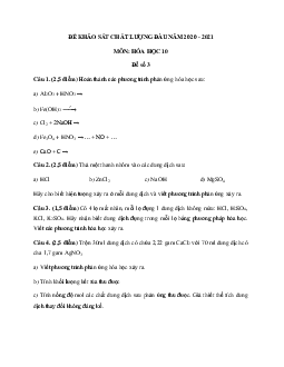 Đề thi khảo sát chất lượng đầu năm lớp 10 môn Hóa 2020 - 2021 - Đề 3