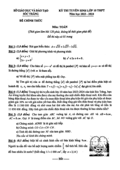 Đề tuyển sinh lớp 10 môn Toán năm 2023 – 2024 sở GD&ĐT Sóc Trăng