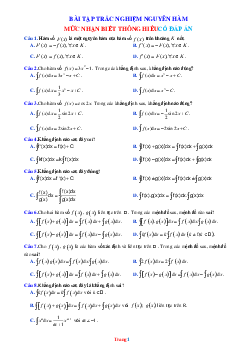 60 Câu Trắc Nghiệm Nguyên Hàm Mức Nhận Biết Thông Hiểu Có Đáp Án
