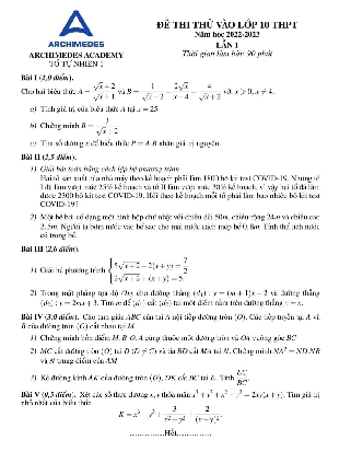 Đề thi thử Toán vào lớp 10 lần 1 năm 2022 – 2023 trường THCS Archimedes Academy – Hà Nội