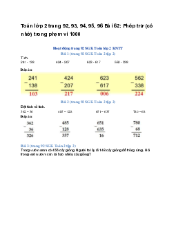 Toán lớp 2 trang 92, 93, 94, 95, 96 Bài 62: Phép trừ (có nhớ) trong phạm vi 1000 |  Kết nối tri thức