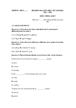 Đề thi giữa học kì 1 môn tiếng Anh lớp 7 năm 2023 - 2024 Global Success