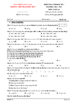 Đề học kì 1 Toán 10 năm 2022 – 2023 trường THPT Phạm Phú Thứ – Quảng Nam
