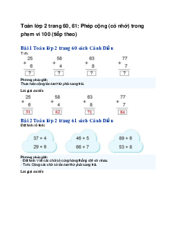 Toán lớp 2 trang 60, 61: Phép cộng (có nhớ) trong phạm vi 100 (tiếp theo) | Cánh diều