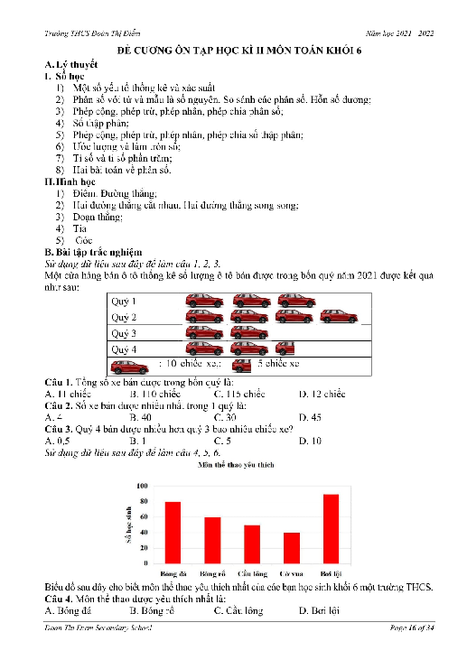 Đề cương học kì 2 Toán 6 năm 2021 – 2022 trường THCS Đoàn Thị Điểm – Hà Nội