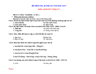 Đề thi học kỳ 2 môn Lịch sử & Địa lí 7 năm học 2022-2023 (có đáp án)