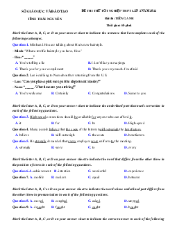 Đề thi thử tốt nghiệp THPT tiếng anh 12 năm 2022 sở GD Thái Nguyên lần 2 có lời giải chi tiết