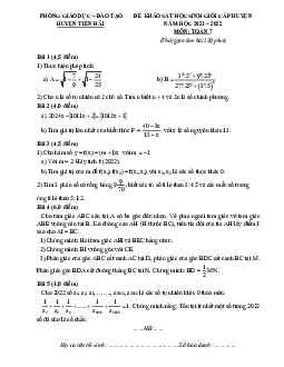 Đề học sinh giỏi huyện Toán 7 năm 2021 – 2022 phòng GD&ĐT Tiền Hải – Thái Bình