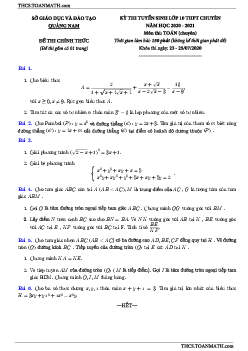 Đề tuyển sinh lớp 10 chuyên môn Toán (chuyên) năm 2020 – 2021 sở GD&ĐT Quảng Nam