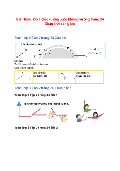 Giải Toán lớp 3 Góc vuông, góc không vuông trang 34 Chân trời sáng tạo