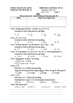 Đề thi học kì 2 môn Toán lớp 5 trường Tiểu học Vĩnh Mỹ, Bạc Liêu năm 2016 - 2017