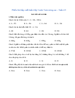 Phiếu bài tập cuối tuần lớp 3 môn Toán - Tuần 15 (Nâng cao) | Kết nối tri thức