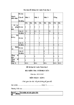 Đề thi học kì 1 môn Toán 2 năm 2023 - 2024 sách Kết nối tri thức với cuộc sống | Đề 1
