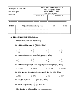 Đề thi học kì 2 môn Toán lớp 4 trường Tiểu học số 1 Ân Đức, Bình Định năm 2016 - 2017