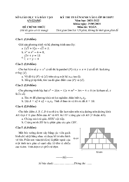 Đề tuyển sinh lớp 10 THPT môn Toán năm 2021 – 2022 sở GD&ĐT An Giang