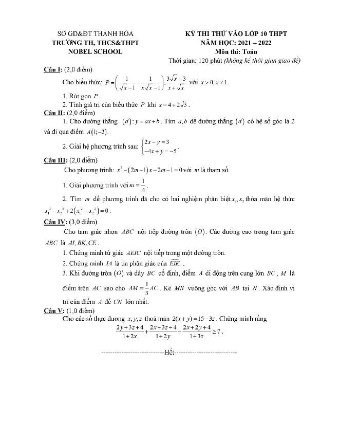 Đề thi thử Toán vào lớp 10 năm 2021 – 2022 trường Nobel School – Thanh Hóa