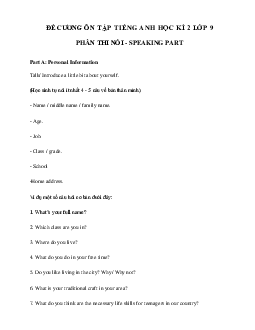 Đề thi nói Tiếng Anh lớp 9 học kì 2 năm 2022 - 2023