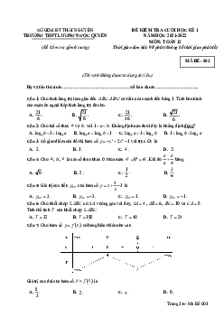Đề thi HK1 Toán 12 năm 2021 – 2022 trường THPT Lương Ngọc Quyến – Thái Nguyên