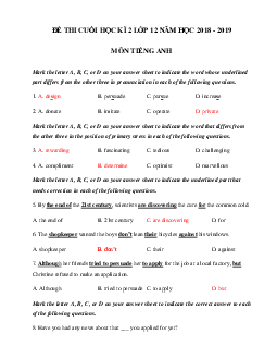 Đề thi môn Tiếng Anh lớp 12 học kì 2 có đáp án năm học 2018 - 2019 số 1