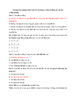 Câu hỏi trắc nghiệm Vật lý lớp 10: Cân bằng và chuyển động của vật rắn