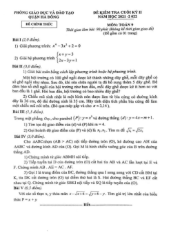 Đề cuối kỳ 2 Toán 9 năm 2021 – 2022 phòng GD&ĐT Hà Đông – Hà Nội