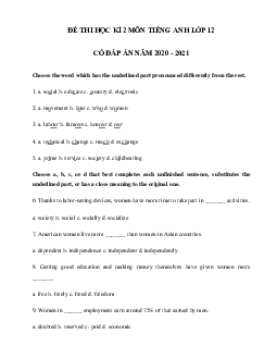 Đề thi học kì 2 môn Tiếng Anh lớp 12 có đáp án năm 2022