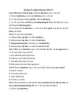 Trắc nghiệm Sinh học 10 bài 27: Các yếu tố ảnh hưởng đến sinh trưởng của vi sinh vật