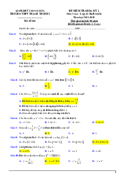 Đề thi học kỳ 1 Toán 12 năm học 2017 – 2018 trường THPT Thạch Thành 1 – Thanh Hóa