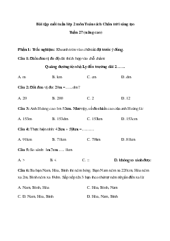 Đề kiểm tra cuối tuần Toán lớp 2 | Chân trời sáng tạo - Tuần 27 (nâng cao)