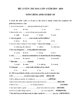 Đề thi thử học sinh giỏi lớp 6 môn tiếng Anh năm 2019 - 2020 số 4