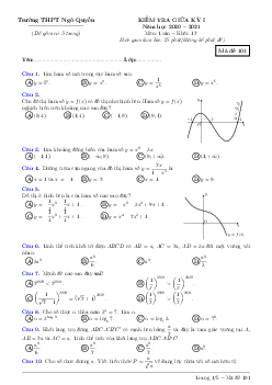 Đề kiểm tra giữa kỳ 1 Toán 12 năm 2020 – 2021 trường THPT Ngô Quyền – Bình Thuận