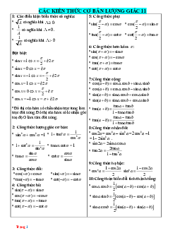 Bảng tóm tắt công thức lượng giác 11 mới