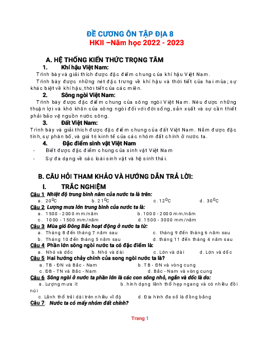 Đề cương ôn tập học kỳ 2 Địa lí 8 năm học 2022-2023