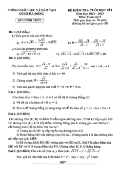 Đề cuối học kì 1 Toán 9 năm 2022 – 2023 phòng GD&ĐT Hà Đông – Hà Nội