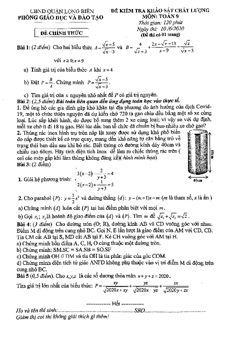 Đề khảo sát chất lượng Toán 9 năm 2019 – 2020 phòng GD&ĐT Long Biên – Hà Nội