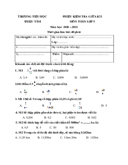 Đề thi giữa học kì 1 môn Toán lớp 5 trường tiểu học Thiệu Tâm, Thanh Hóa năm 2020 - 2021