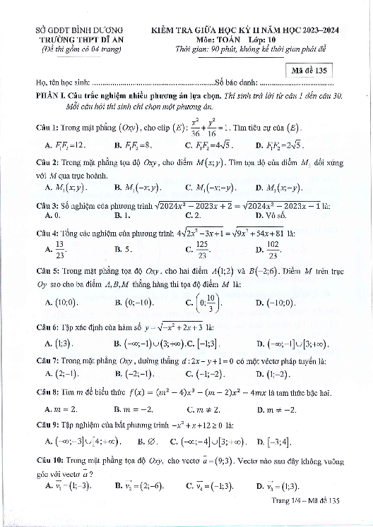 Đề thi giữa học kỳ 2 Toán 10 năm 2023 – 2024 trường THPT Dĩ An – Bình Dương