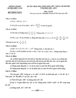 Đề thi học sinh giỏi Toán 7 năm 2023 – 2024 phòng GD&ĐT Phú Vang – TT Huế