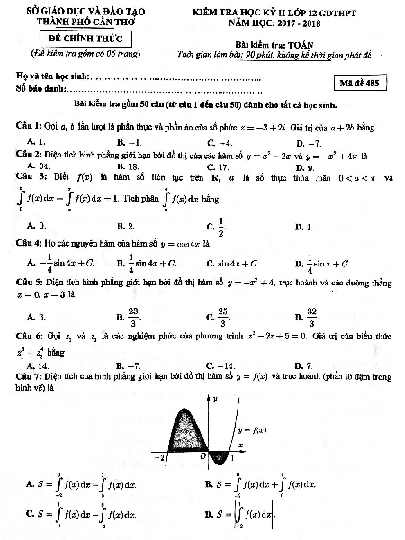 Đề kiểm tra học kỳ 2 Toán 12 năm học 2017 – 2018 sở GD và ĐT Cần Thơ