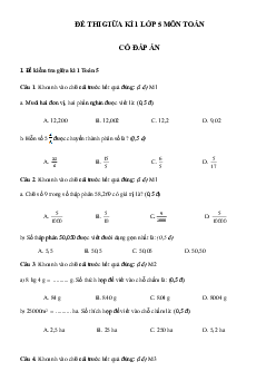 Đề thi giữa kì 1 lớp 5 môn Toán năm 2023 - 2024 - Đề số 1
