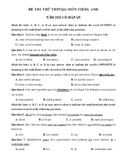 Đề thi thử THPT Quốc gia môn Tiếng Anh năm 2021 trường THPT Yên Định lần 1 (có đáp án)