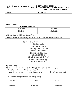 ĐỀ THI CUỐI HỌC KÌ 1 lớp 1 môn Tiếng Việt  | Đề 3 | Kết nối tri thức