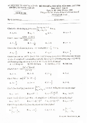 Đề thi giữa HK2 Toán 11 năm học 2017 – 2018 trường THPT Chu Văn An – Hà Nội