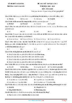 Đề thi thử TN THPT 2021 môn sinh Trường Chuyên Thái Bình lần 2 (có đáp án và lời giải chi tiết)