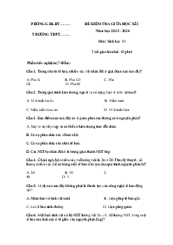 Đề thi giữa học kì 2 môn Sinh học lớp 10 năm 2023 - 2024 (Sách mới) | Kết Nối Tri Thức đề 5
