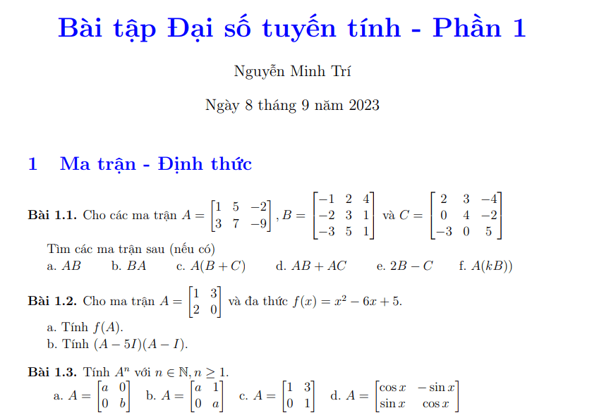 Bài tập Đại số tuyến tính - Phần 1 | Ma trận - định thức